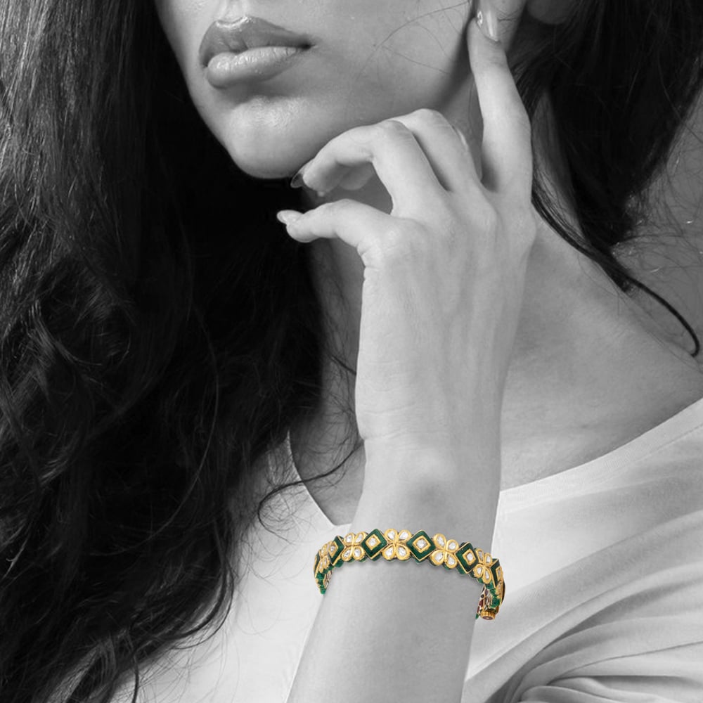Polki Floral Bangle with Boxy Green Enamel